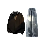 Чёрный топ + синие джинсы