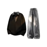 Чёрный топ + серые джинсы