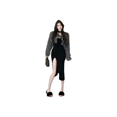 PZHK Пальто+Платье Женские Комплекты с Юбкой