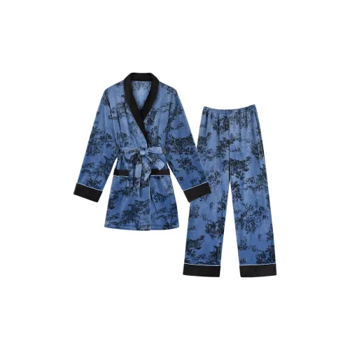 IIZZINI Кленовый Лист Кружево Королевский Синий Островной Вельвет Женский Комплект Сочетающихся Пижам Женские Пижамные Комплекты