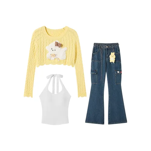 FABRIC PIG Желтый Свитер+Майка+Брюки+Медвежонок Charm Женские Повседневные Костюмы