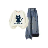[Утолщенный и с флисовой подкладкой] Dumb Кошка Боб Айвори Белый + Однотонный Джинсовый Синий