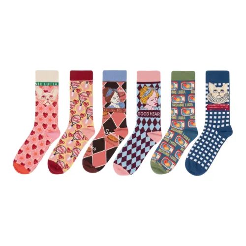 FAVMARTHA Сердце Кошка + Большой Ромб + Клетчатая Кошка + Маленький Ромб + Телевизор + Теннис Ракетка Женские MID Носки до икры