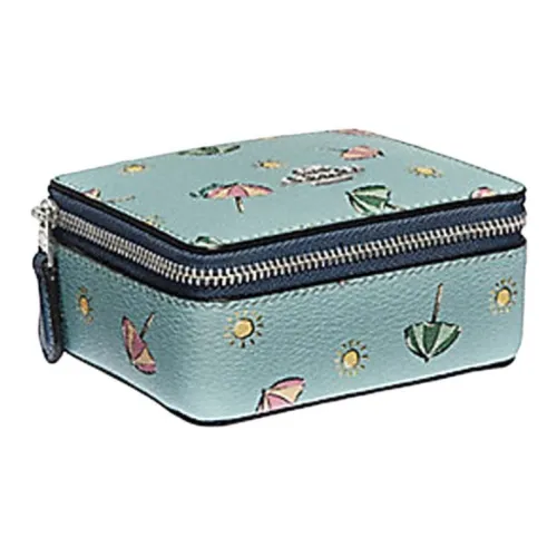 COACH Ювелирные украшения Bo Покрытый холст Шкатулка для украшений Хранение Коробка Мини Женские Аква-зеленый Серебряный