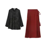 Комплект одежды - Черный топ + Красная юбка с китайским узором "конское лицо"