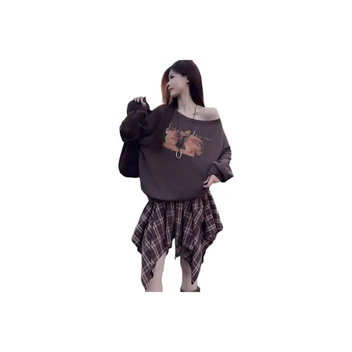 PZHK Кофейный Свитшот + Платье в клетку Женские Комплекты с юбкой