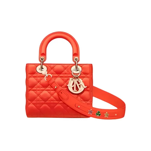 DIOR Lady Dior Sheepskin Woven Pattern Handbag Lady Dior Shoulder Bag Crossbody Bag Small Women's Bright Orange