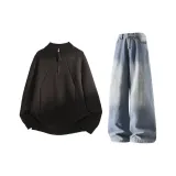 Чёрный топ + синие штаны