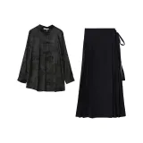 Комплект одежды - Черный топ + Черная юбка с китайским узором "конское лицо"