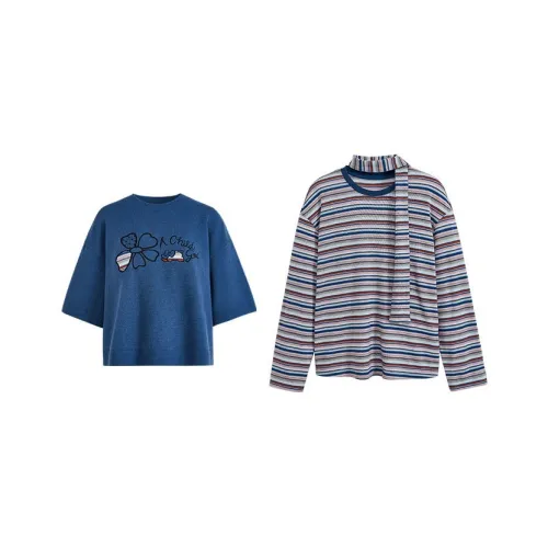 KUOSE Синий Свитер 9049 + Полосатая Рубашка T 9007 Женская Повседневная Одежда Комплект