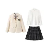 Кремовый абрикосовый деловой костюм + рубашка с длинным рукавом + серая юбка в клетку + аксессуары: галстук-бабочка + 7