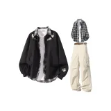 Чёрная+Чёрная Рубашка+Хаки Карго Брюки