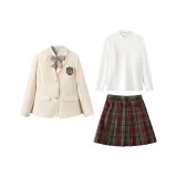 Кремовый абрикосовый деловой костюм + рубашка с длинным рукавом + юбка в клетку с галстуком-бабочкой + аксессуары №7