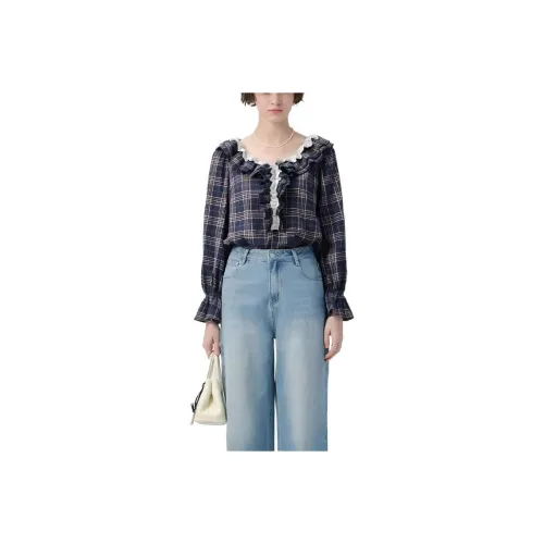 JECCI FIVE Темно-синяя клетчатая длинная рубашка с длинными рукавами для женщин