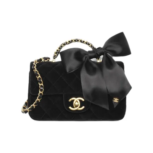 CHANEL Вельвет Шелк Золото Металл Сумка Мини Женская Черная