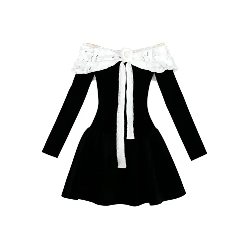 BIFH Черный и Белый Платье Женское Длинное с Рукавами Платья