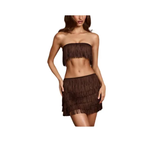 OH POLLY Кружево с кисточками Бандо Вверх Кружевной Топ Crop Top Шоколадный Коричневый Без бретелек Топ Женский