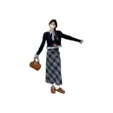 Темно-синяя рубашка + юбка средней длины в клетку