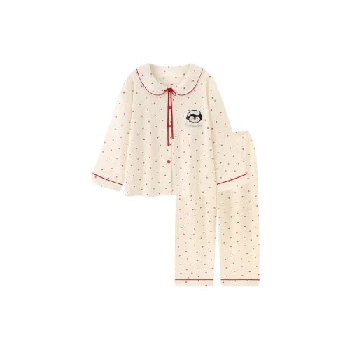 XIAOLIZI Сон Шляпа Пингвин Красный Гороховый узор Воротник Питера Пэна Женские Пижамные комплекты