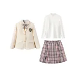 Кремовый абрикосовый деловой костюм + рубашка с длинным рукавом + юбка в клетку на День святого Валентина + аксессуары №7
