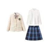 Кремовый абрикосовый деловой костюм + рубашка с длинным рукавом + юбка Okuma Check с галстуком + аксессуары №7