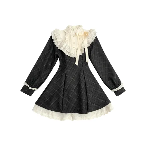 BIFH Серое клетчатое платье с пэчворком женское с длинными рукавами