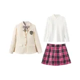 Кремовый Абрикос Бизнес Костюм + Длинный Рукав Рубашка + Маленькая Розовая Клетчатая Юбка с Галстуком-бабочкой + 7# Аксессуары