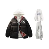 Чёрное пальто + белый свитшот + светло-серые штаны