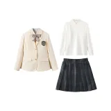 Кремовый абрикосовый деловой костюм + рубашка с длинным рукавом + юбка в клетку угольно-серого цвета + галстук-бабочка + аксессуары №7