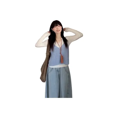 Mu Xiao Xin Белый Свитер 57694 + Синий Майка 57695 С подарками MU Xiaoxin Бренд Наклеенный Женские Трикотаж