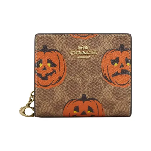 COACH Canvas Покрытый холст Кошелек Мини Женский Золотой Коричневый