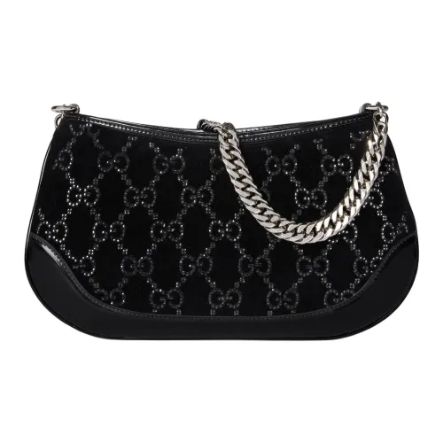 GUCCI Вельвет с Лак Кожа Плечевая Сумка Средний Женская Черный