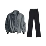 Серый пилотный куртка + черные джинсы