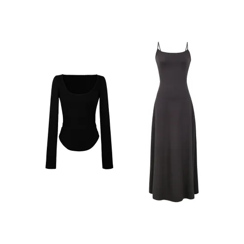 Черный топ + Серое платье женские комплекты с юбкой