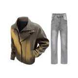 Кофейная куртка + дымчато-серые джинсы