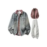 Синие + Светло-серые штаны + Красная, синяя клетчатая рубашка