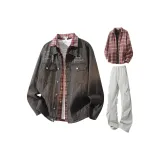 Темно-серые + светло-серые штаны + красная и синяя клетчатая рубашка