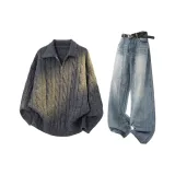 Темно-серый топ + синие ножные джинсы