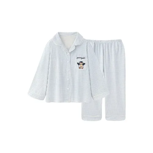 MIMOSA CHUR Синий Клетка Пингвин Женский Пижамный Комплект