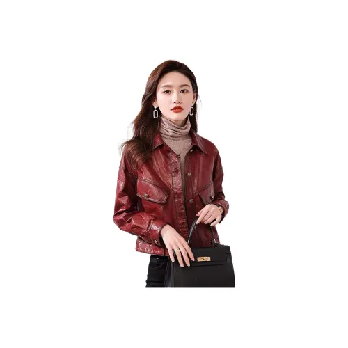 Devanro Женские кожаные куртки бордового цвета