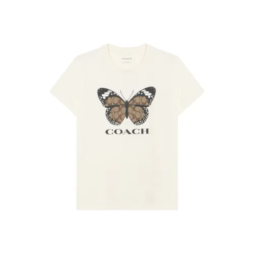 COACH Logo Letter Butterfly Print Круглый вырез Короткий рукав Т-рубашка Женская Кремовый