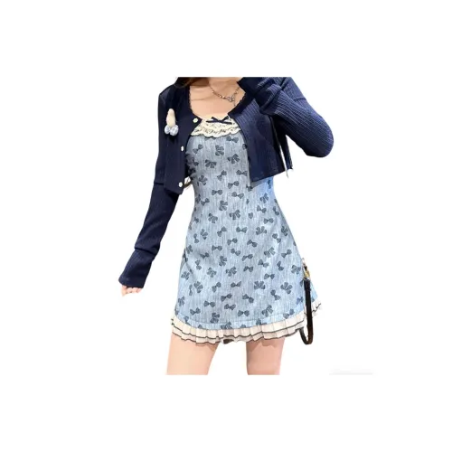 FABRIC PIG Синий Платье-камзол + Кардиган С подарками Brooch Женские Комплекты с юбкой