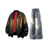 Чёрное пальто + синие штаны