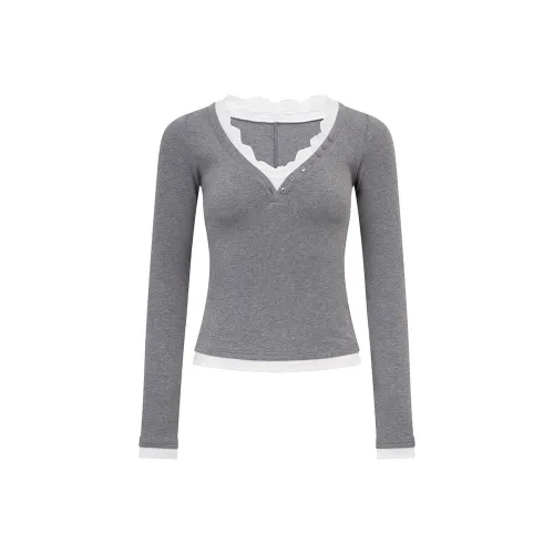 Ariseism Пэчворк Кружево Отделка Длинный Рукав Т-Рубашка Для Женщин Осенний Облегающий Крой Топ Женские