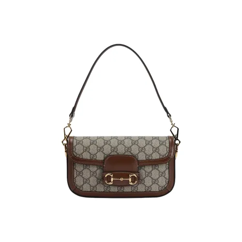 GUCCI Horsebit 1955 Холст с кожей Обметка Baguette Сумка на плечо Сумка на плечо Сумка Женская Коричневый