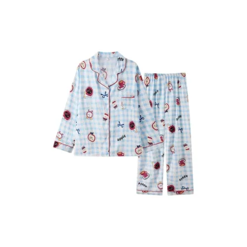 XIAOLIZI Red Apple Blue Plaid Women's Pajama Sets