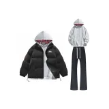 Black Cotton Down Jacket + White Photinia Gray Sweatshirt + Black Jeans  
Черный хлопковый пуховик + белый свитшот с фотинией серого цвета + черные джинсы