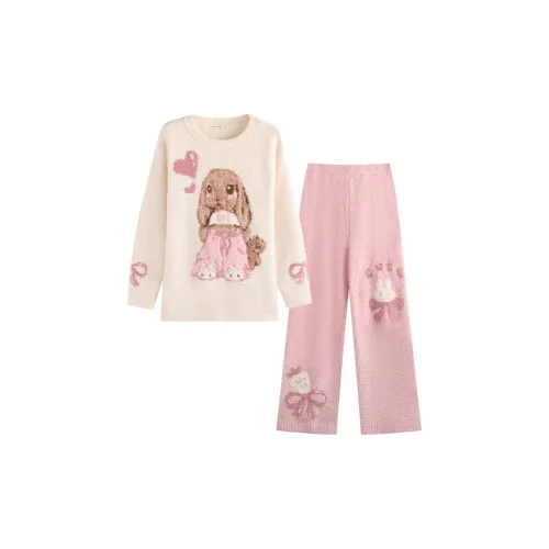 Wabi Town Розовый Белый Сердце Кролик Длинный Полувыборка Fluff Женские Пижамные Комплекты