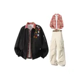 Чёрная+Красная Рубашка+Хаки Брюки