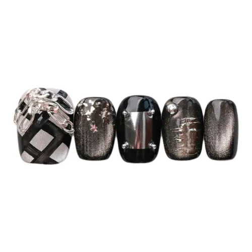 QUEENYARD Галактический Appointment False Nail Короткий Квадрат Черный градиент Кошачий глаз